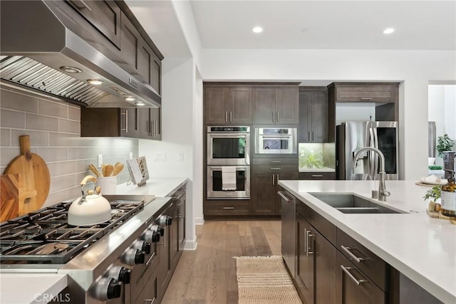 kitchen with wall chimney exhaust hood, sink, appliances with stainless steel finishes, light hardwood / wood-style floors, and decorative backsplash