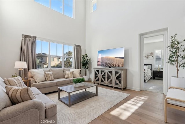 living room featuring plenty of natural light, a towering ceiling, and light hardwood / wood-style floors