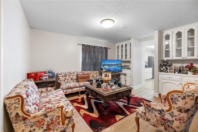 living room featuring light wood-type flooring and a textured ceiling