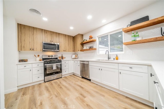 kitchen featuring light wood-type flooring, stainless steel appliances, white cabinets, and sink