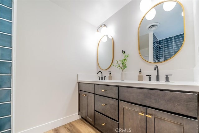 bathroom with hardwood / wood-style floors and vanity