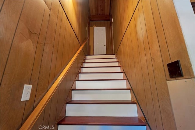 stairway with wooden walls