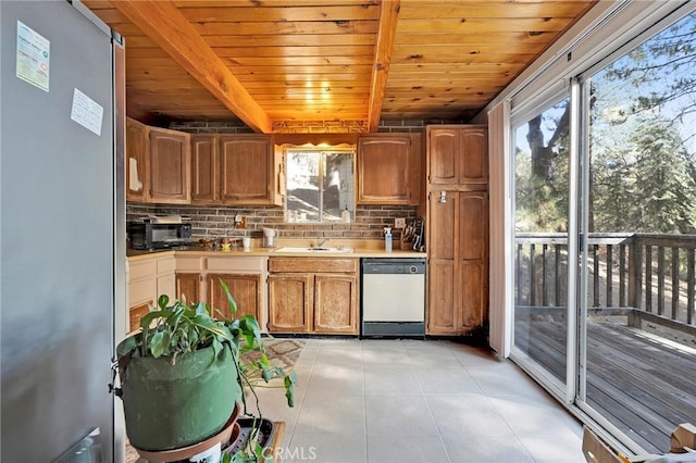 kitchen featuring wooden ceiling, stainless steel appliances, decorative backsplash, and beamed ceiling