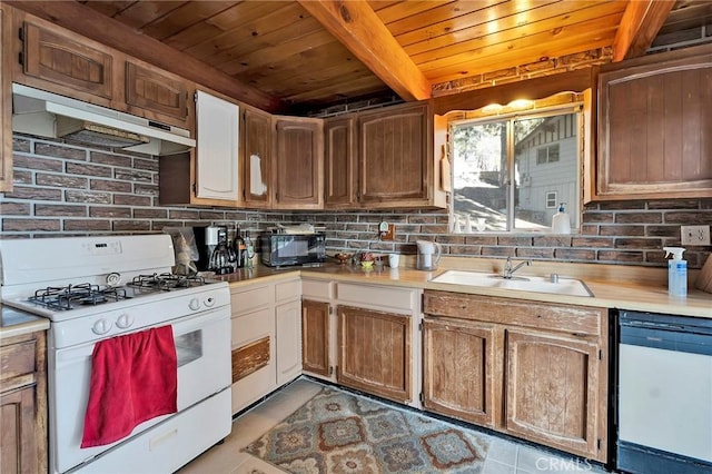 kitchen featuring extractor fan, white gas range oven, sink, dishwashing machine, and wooden ceiling