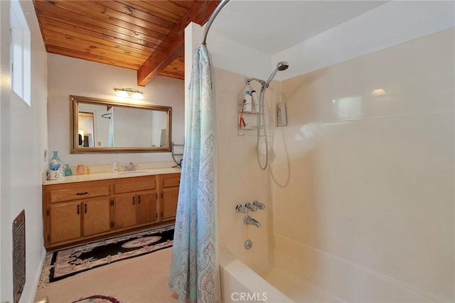 bathroom featuring vanity, tile patterned flooring, shower / bathtub combination with curtain, beamed ceiling, and wood ceiling