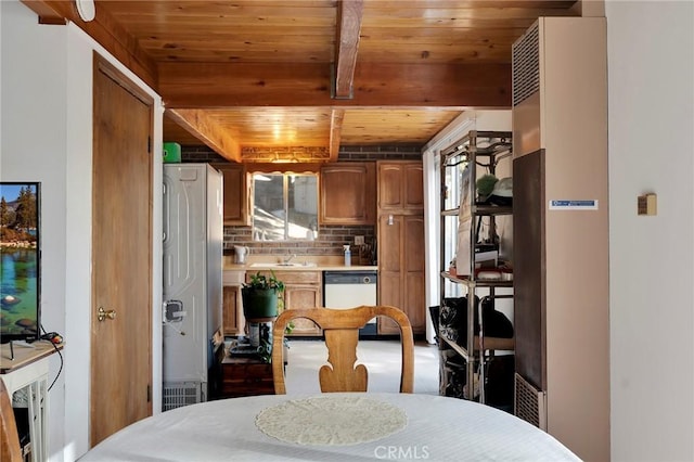 dining room with beam ceiling, wood ceiling, and sink