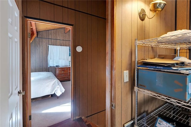 view of sauna featuring carpet flooring