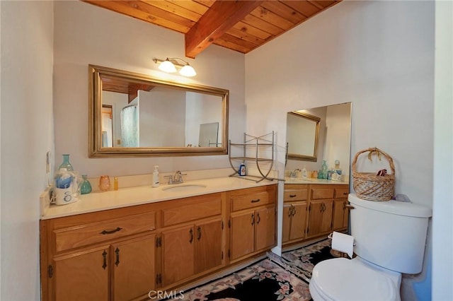 bathroom with wood ceiling, toilet, vanity, and beamed ceiling