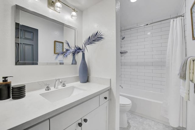 full bathroom with vanity, toilet, and shower / bath combo with shower curtain