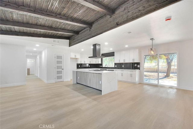 kitchen featuring hanging light fixtures, white cabinets, wood ceiling, and island exhaust hood