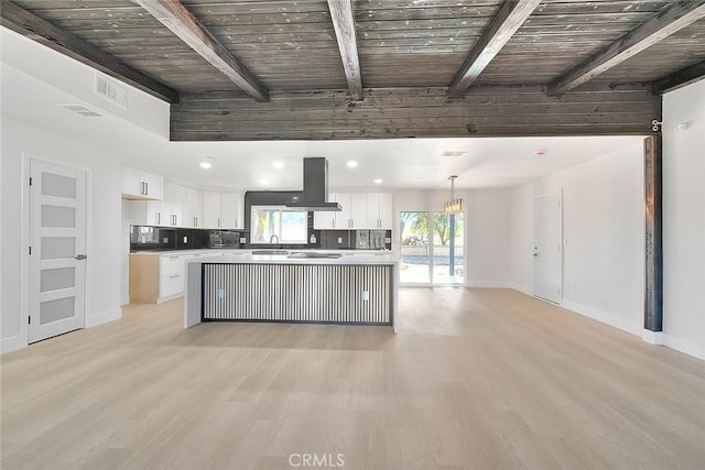 kitchen featuring wood ceiling, decorative light fixtures, light wood-type flooring, a kitchen island, and white cabinets