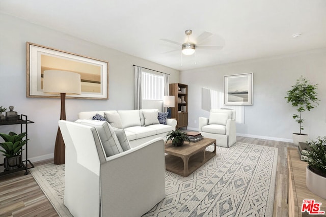 living room with hardwood / wood-style floors and ceiling fan