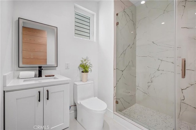 bathroom featuring walk in shower, vanity, and toilet