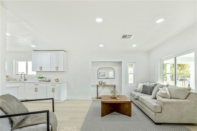 living room featuring sink and light wood-type flooring