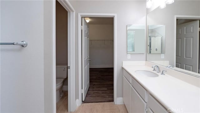 bathroom featuring toilet, wood-type flooring, and vanity