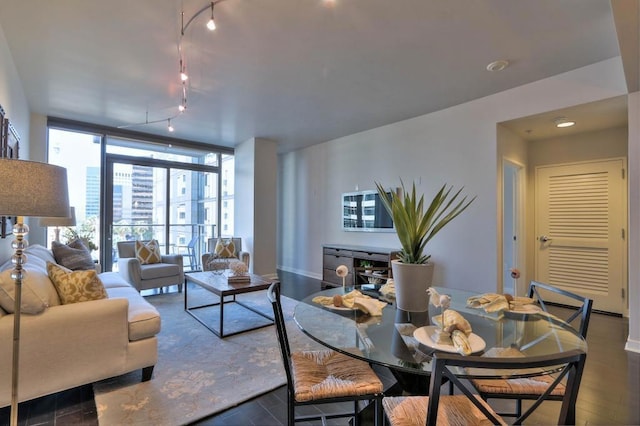 living room featuring dark wood-type flooring, track lighting, and expansive windows