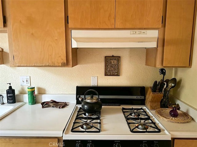 kitchen with white gas range and extractor fan