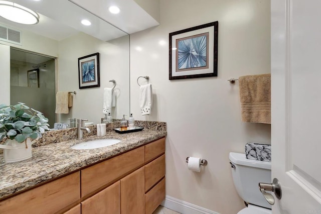 bathroom with visible vents, baseboards, toilet, recessed lighting, and vanity