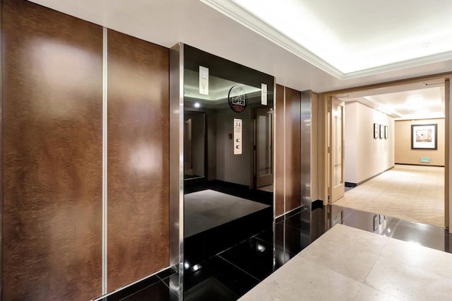 hallway featuring crown molding and a tray ceiling