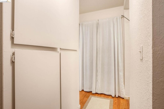 bathroom with hardwood / wood-style floors