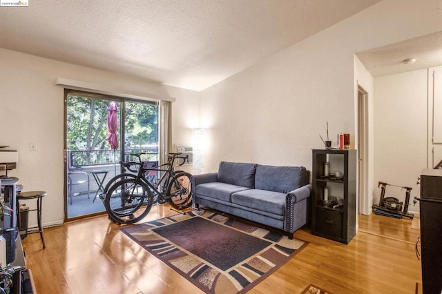 living room with hardwood / wood-style flooring and a textured ceiling