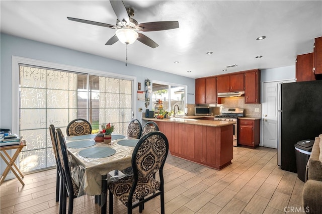 kitchen featuring appliances with stainless steel finishes, decorative backsplash, sink, kitchen peninsula, and ceiling fan