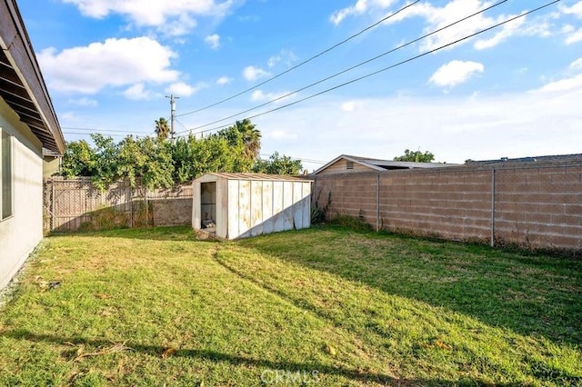 view of yard featuring a storage unit