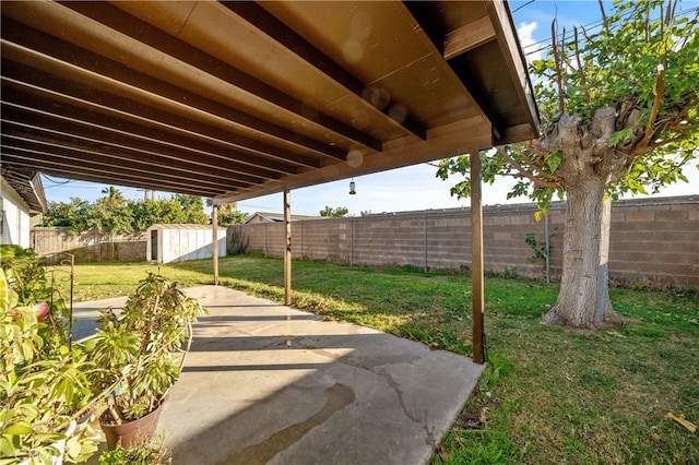 view of yard featuring a shed and a patio