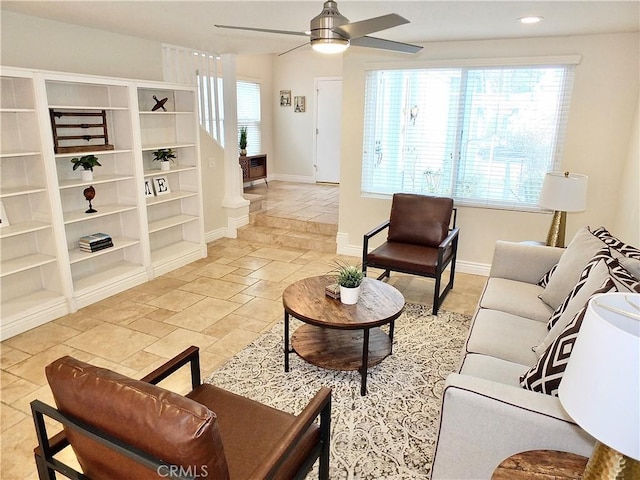 living room with ceiling fan