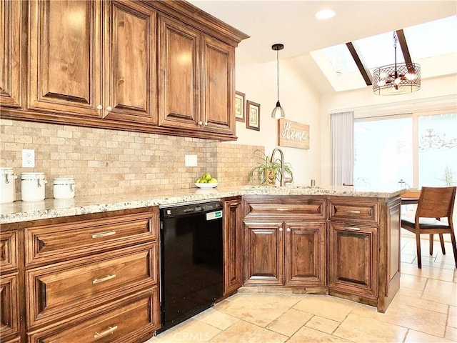 kitchen with backsplash, lofted ceiling with skylight, pendant lighting, kitchen peninsula, and black dishwasher