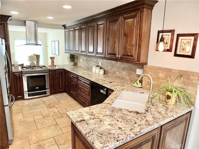 kitchen featuring stainless steel gas stove, dishwasher, hanging light fixtures, wall chimney exhaust hood, and sink