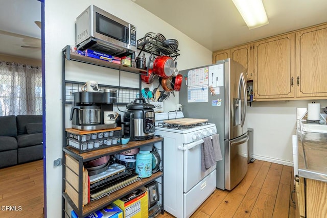 kitchen with ceiling fan, light brown cabinets, stainless steel appliances, and light wood-type flooring