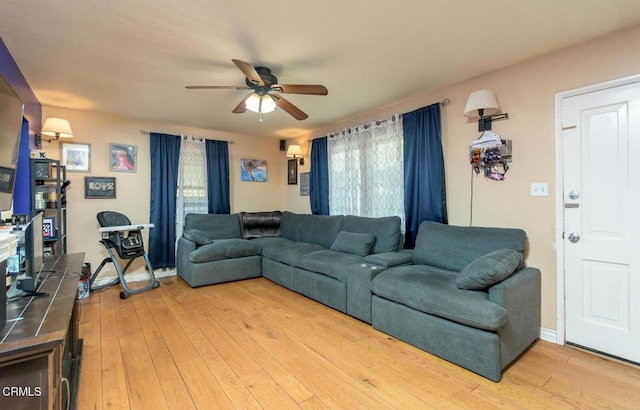 living room featuring ceiling fan and light hardwood / wood-style flooring