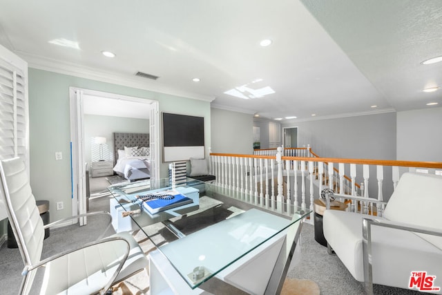 office space featuring light colored carpet and crown molding