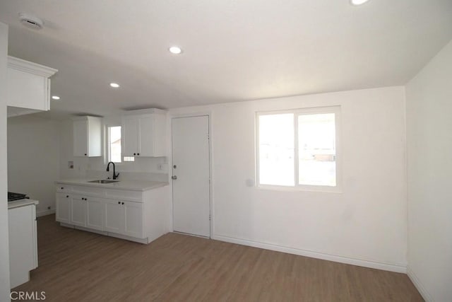 kitchen with white cabinets, sink, and hardwood / wood-style floors