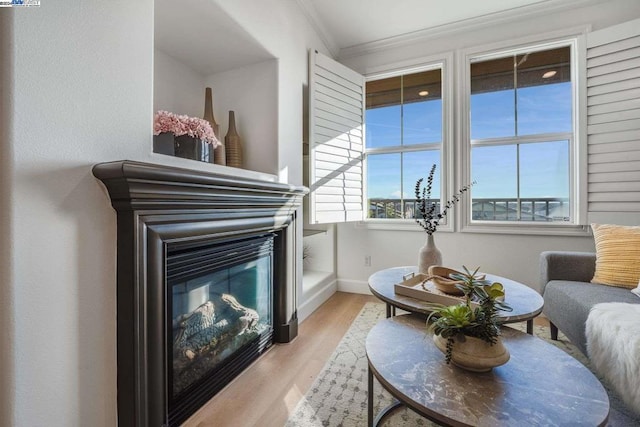 sitting room featuring plenty of natural light, light hardwood / wood-style flooring, and ornamental molding