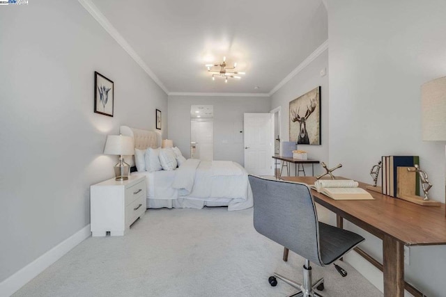 carpeted bedroom featuring a notable chandelier and ornamental molding