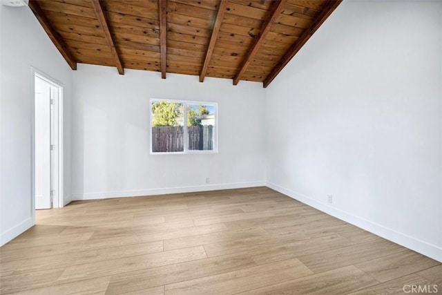 unfurnished room with light hardwood / wood-style floors, wood ceiling, and vaulted ceiling with beams