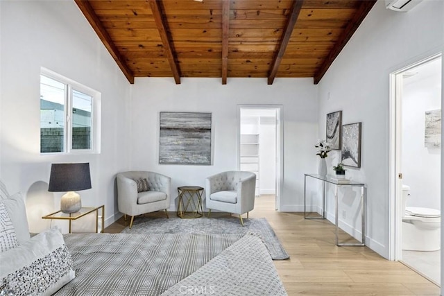 sitting room featuring wooden ceiling, light hardwood / wood-style floors, and vaulted ceiling with beams