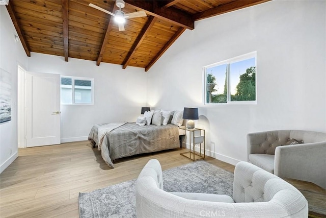 bedroom with ceiling fan, light hardwood / wood-style flooring, lofted ceiling with beams, and wooden ceiling