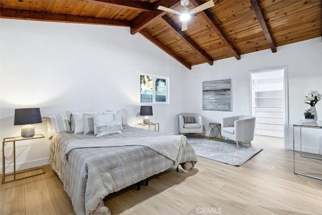 bedroom featuring ceiling fan, wooden ceiling, light hardwood / wood-style flooring, and beam ceiling