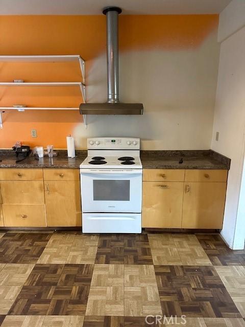 kitchen with light brown cabinetry, electric stove, and dark parquet floors