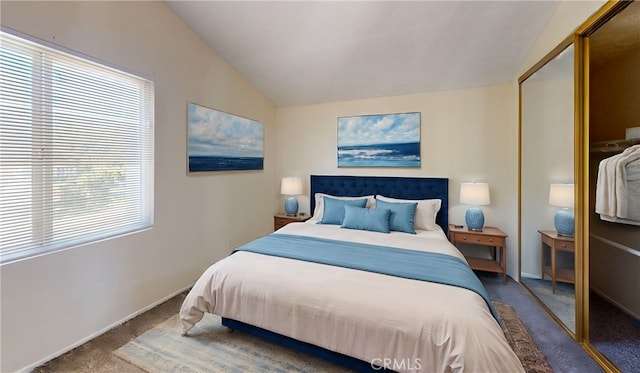 carpeted bedroom with lofted ceiling and a closet