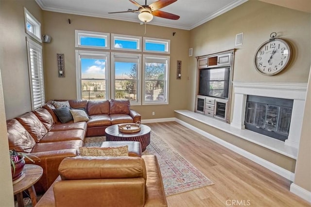 living room featuring ornamental molding, ceiling fan, light wood-type flooring, and plenty of natural light