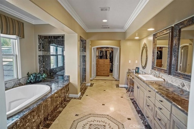 bathroom with shower with separate bathtub, vanity, and crown molding