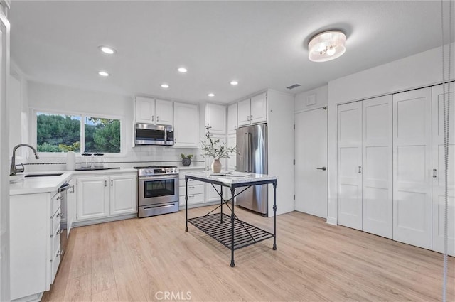 kitchen with backsplash, sink, white cabinetry, light hardwood / wood-style flooring, and stainless steel appliances