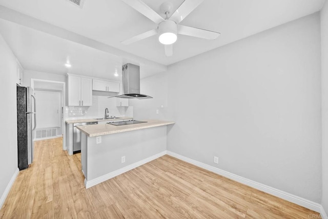 kitchen featuring kitchen peninsula, island exhaust hood, decorative backsplash, white cabinets, and sink