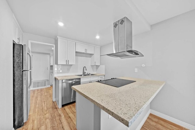 kitchen with kitchen peninsula, island exhaust hood, appliances with stainless steel finishes, white cabinets, and sink