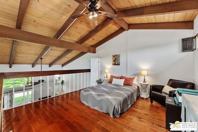 bedroom with ceiling fan, vaulted ceiling with beams, wood ceiling, and light hardwood / wood-style floors