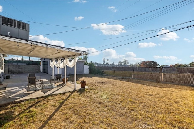 view of yard with a patio area and a storage unit